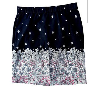 J Jill Elastic Stretch Skirt Petite 8 Black Pink Floral Spring Summer Co…